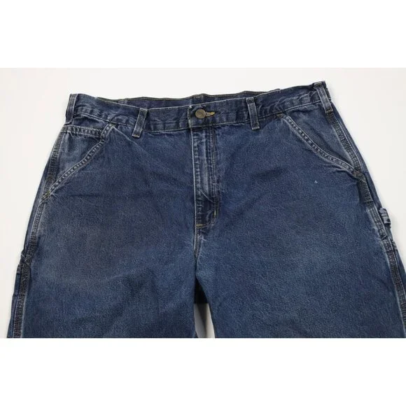 Vintage Y2K Carhartt Mens 36x32 Faded Wide Leg Dungaree Denim Jeans Blue Cotton